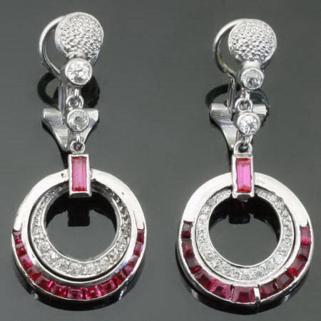 Estate ruby diamond dangle clip earrings platinum (image 3 of 6)